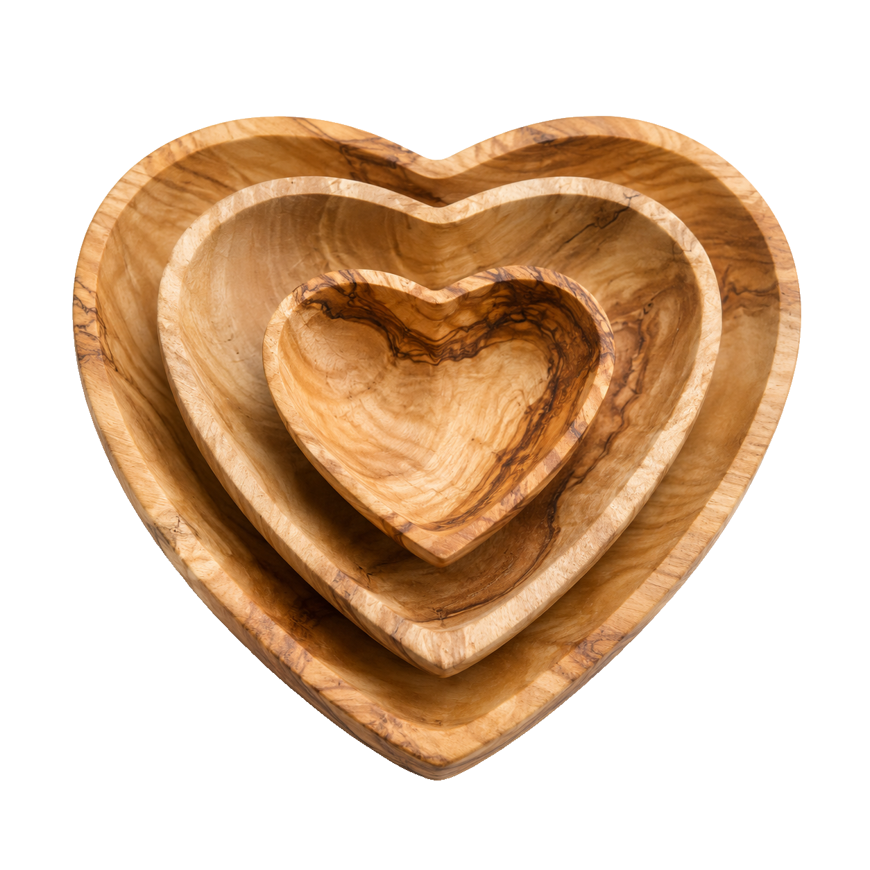 Olive wood heart bowl set
