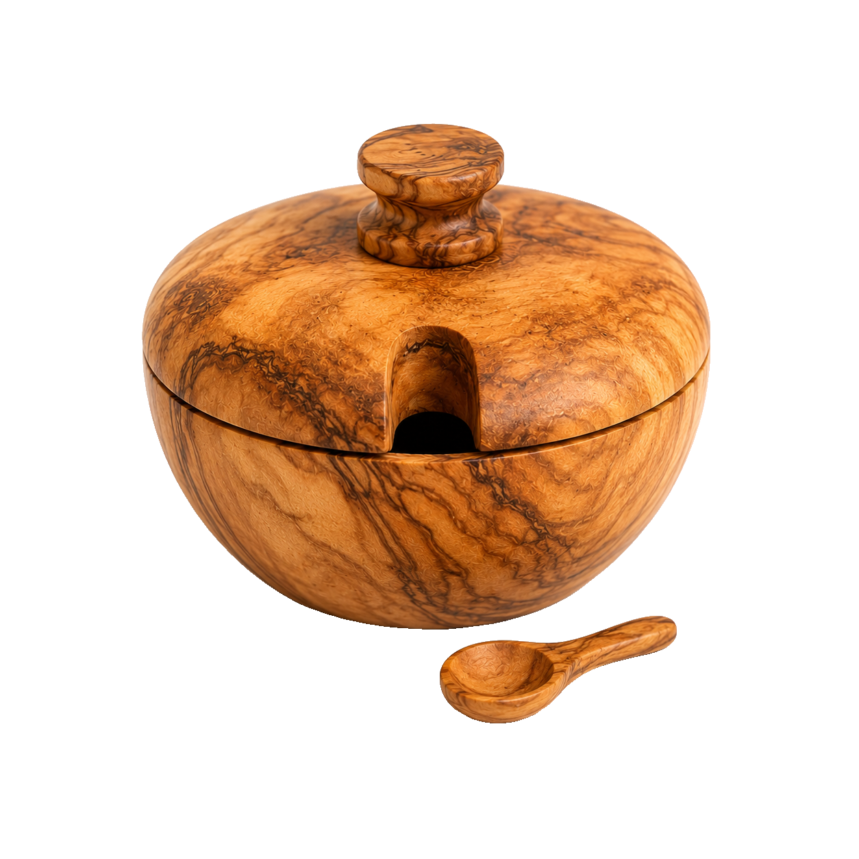Olive wood sugar bowl with spoon