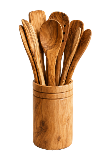 Olive wood utensil holder set