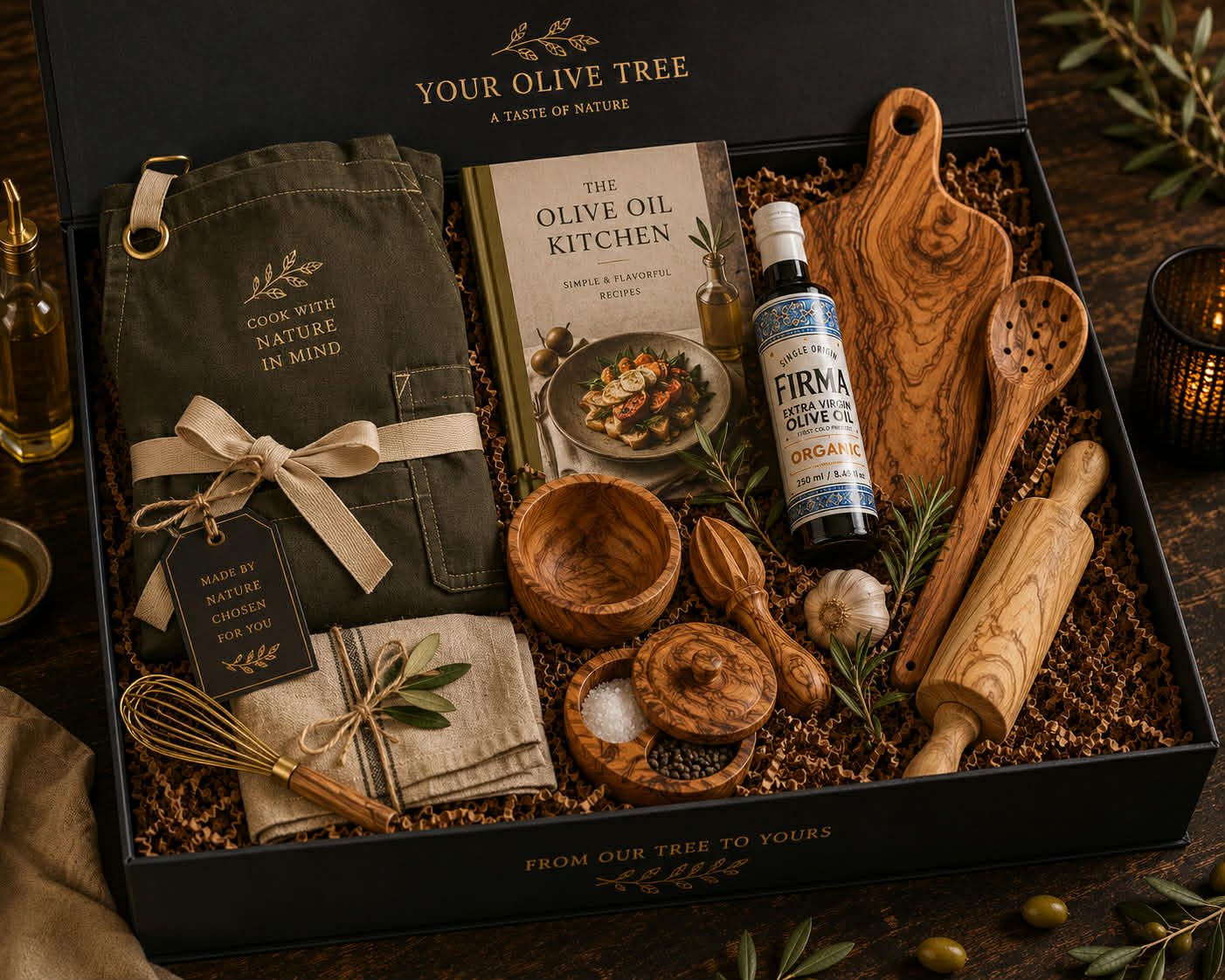 Cook's gift box with apron, recipe book and olive wood utensils