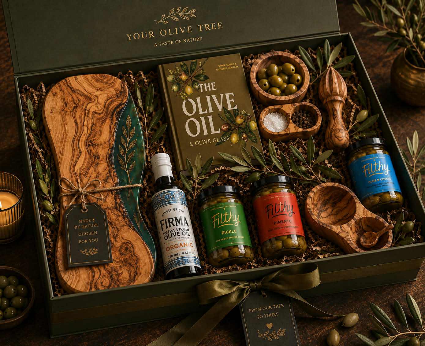 A Your Olive Tree gift box with olive wood board, olive oil and stuffed olives