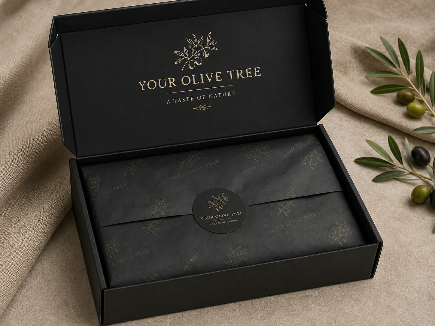 Gift box sealed in branded tissue with a wax seal